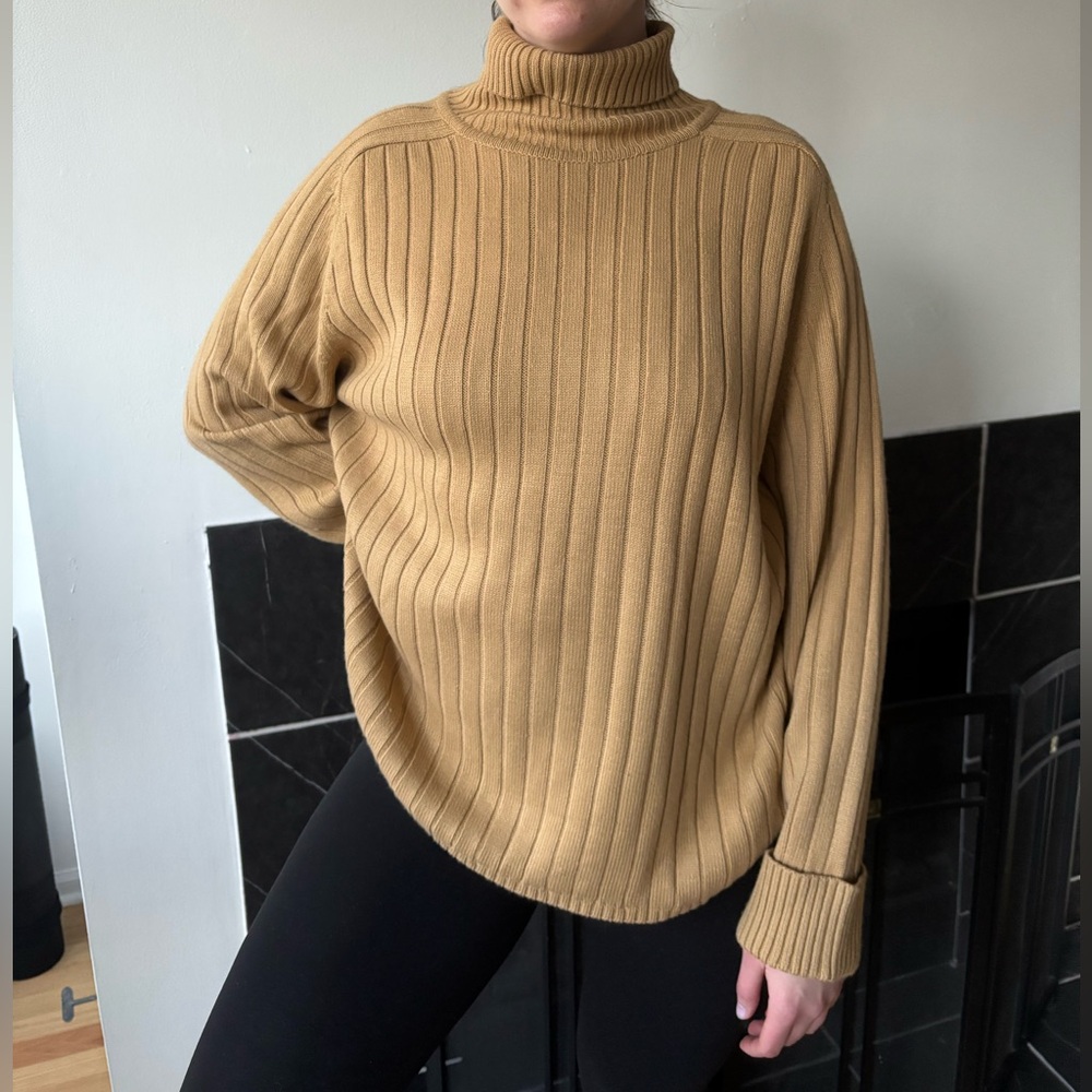 Vintage Mustard Ribbed Knit Oversized Turtleneck Sweater Cuffed Sleeves Cozy XL